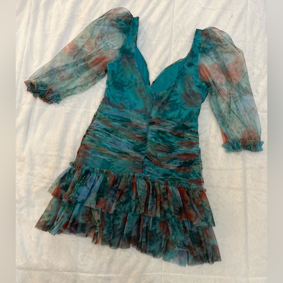 ✨ Rosevelvet Ruched Floral Mini Dress - Sheer Sleeves & Tiered Skirt - Picture 14 of 15